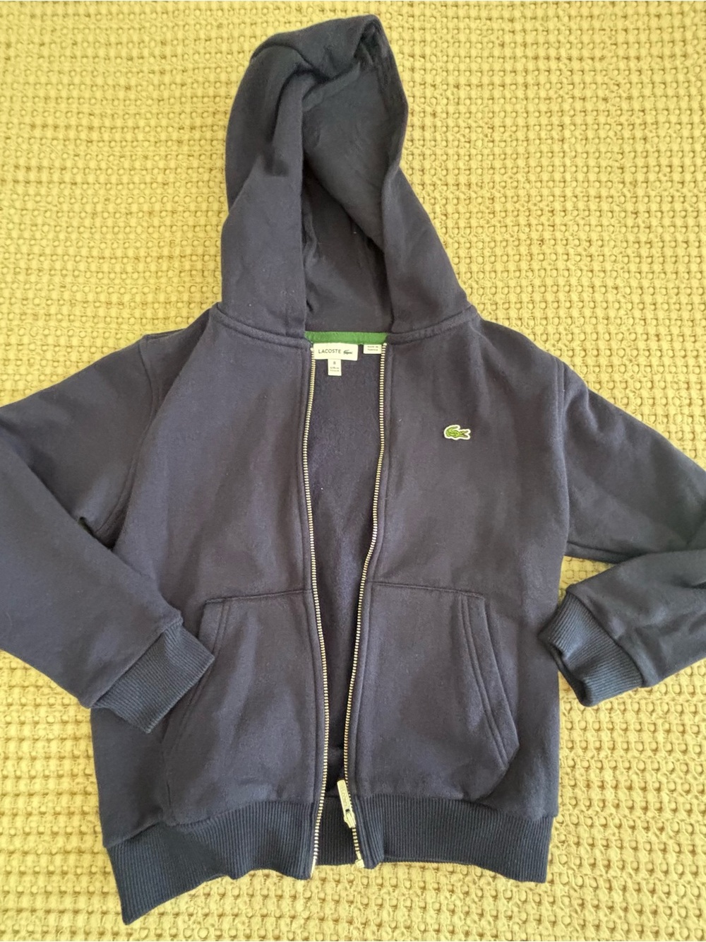 Lacoste Kids Navy Blue Zip-Up Hoodie with Green Crocodile Patch